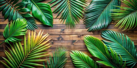 Fototapete - Tropical Palm Leaves Arranged on a Wooden Surface for a Relaxing and Exotic Design