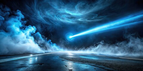 Aufkleber - A Mystical Nighttime Scene with a Foggy Road and a Beam of Light Shooting Through the Clouds