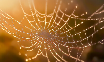 Dew-covered spider web at golden hour. Delicate details and ethereal light capture the beauty of a serene morning. Perfect for nature and macro photography themes.