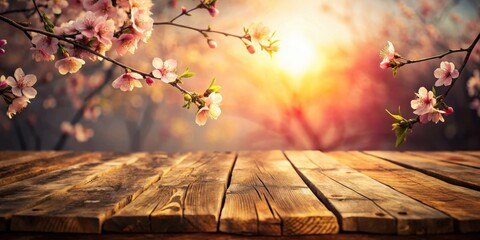 Fototapete - A Rustic Wooden Tabletop Set Against a Blurred Background of Delicate Pink Blossoms and Warm Golden Sunlight