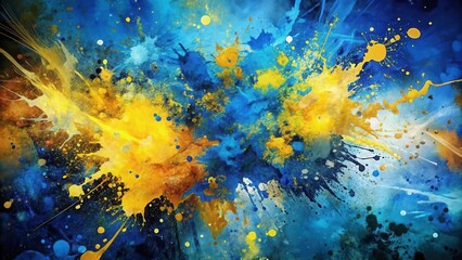 Aufkleber - Abstract Watercolor Splashes of Blue and Yellow, Creating a Dynamic and Textured Composition