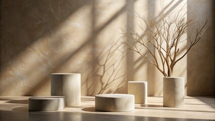 Aufkleber - Minimalistic product display with circular platforms and a skeletal branch against a textured wall bathed in warm sunlight