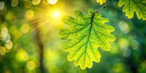 Fototapete - A single vibrant green leaf illuminated by sunlight, showcasing intricate veins and a soft bokeh background.