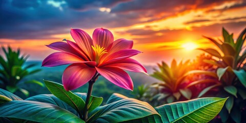 Poster - A Vibrant Pink Flower Blooms in a Tropical Garden as the Sun Sets Over the Horizon