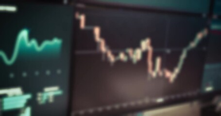 Aufkleber - Computer screen, graphs and stock market in office for trading, review or study trend with global exchange. Blur, monitor and charts for analysis, fintech and statistics for profit, loss or price