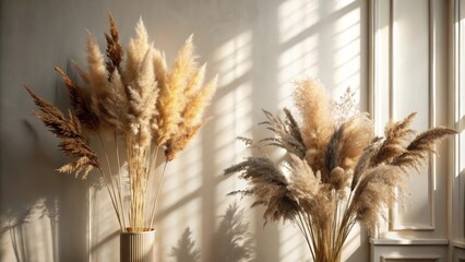 Poster - Two vases filled with dried pampas grass, bathed in warm sunlight, casting intricate shadows on the wall.