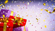 © Irina - Light winter background, on which bright gifts in red and lilac packaging, golden confetti, flashes of light are flying. Festive mood