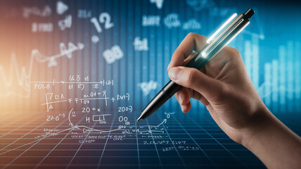 Wall Mural - hand writing formulas and graphs on a digital grid, showcasing analytical thinking and problem-solvi