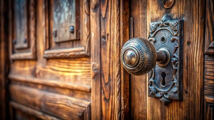 Leinwandbilder - A weathered wooden door with an ornate metal door knob, a glimpse into the past