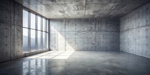Aufkleber - An Empty Concrete Room with a Large Window Offering a View of the Distant Landscape