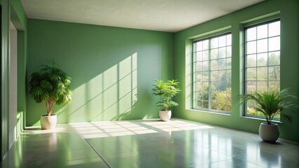 Aufkleber - Sunlight streams through large windows in a minimalist room with green walls and potted plants, casting soft shadows on the polished concrete floor.