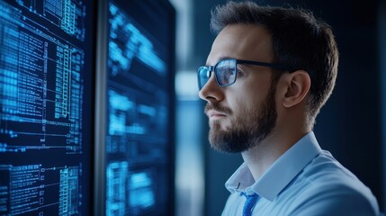Wall Mural - focused male analyst working with data visualizations and digital displays in modern office environm
