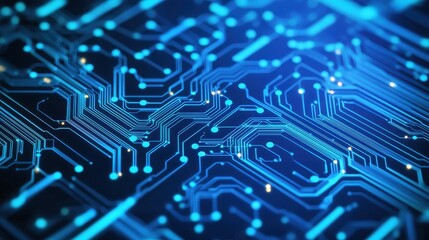 Abstract Blue Circuit Board Design with Neon Light Effects