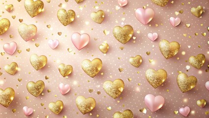 Fototapete - A delicate pattern of glittering gold and soft pink hearts scattered across a blush background, creating a romantic and festive atmosphere.