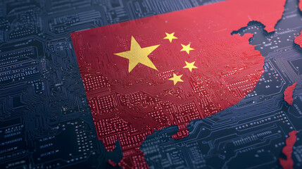 Wall Mural - A close-up of a microchip with the Chinese flag design, symbolizing China’s advancements in chip development and technology.
