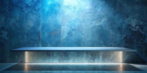 Poster - A Minimalist Display Shelf with a Blue Tiled Wall Background and Subtle Ambient Lighting