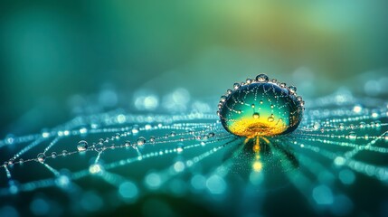 Close up of a dewdrop on a spiderweb, illuminated with soft light, showcasing intricate web details and bokeh background. Teal and golden hues dominate.