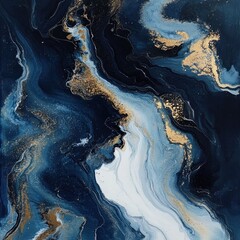  Abstract navy blue, white, and gold fluid art painting. (1)