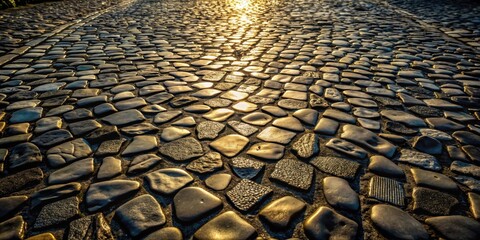 Fototapete - A cobblestone pathway bathed in warm golden light, the individual stones glistening with the reflection of the setting sun, creating a picturesque scene of natural beauty and timeless charm.