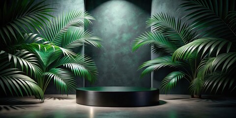 Aufkleber - A single black circular pedestal sits in a tropical scene illuminated by a spotlight, framed by lush foliage with dark green walls.