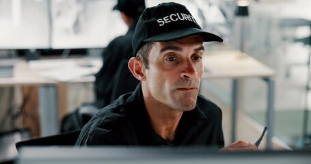 Poster - Serious man, security and control room with surveillance for safety monitoring in secure building. Male person, CCTV operator or mall cop thinking with radio on computer for footage or observation