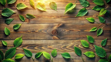 Aufkleber - A wooden background with a border of green leaves, showcasing the beauty of nature and the warmth of wood