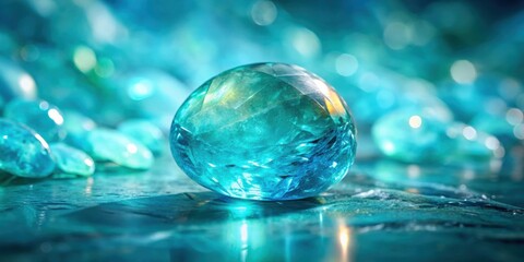 Fototapete - A single large turquoise gemstone rests on a bed of smaller stones, reflecting the light and creating a mesmerizing display of color and texture.