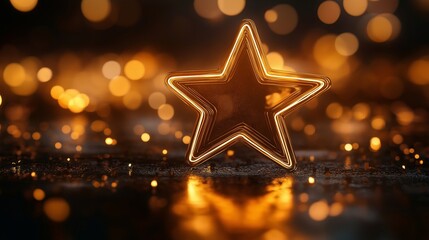 Wall Mural - Bright star shape illuminated in warm golden lights on a reflective surface