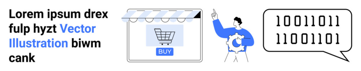Online shop interface with a buy button, a man holding analytics documents pointing to binary code. Ideal for e-commerce, technology, data analysis, innovation, marketing, coding, flat landing page