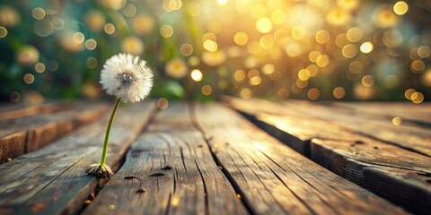 Fototapete - A solitary dandelion with a fluffy head rests on a weathered wooden surface, bathed in warm sunlight and surrounded by a soft, golden bokeh.