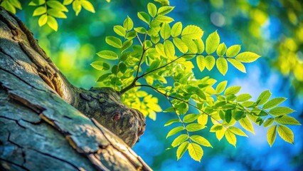 Aufkleber - A vibrant green branch of leaves grows from the textured bark of a tree, casting a dappled shadow on the rough surface, with a bright blue sky in the background