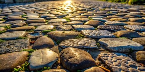 Aufkleber - A cobblestone path bathed in the golden glow of the setting sun, showcasing the intricate patterns and textures of each weathered stone.