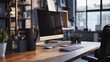 © elimicel - modern and clean workspace , keyboard, and mouse on a wooden desk. Office supplies add a touch of organization