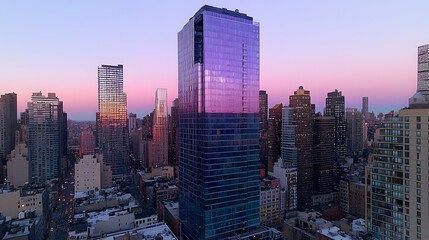  Cityscape sunset view, modern skyscraper, urban architecture, winter twilight, aerial shot