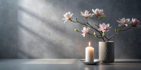 Aufkleber - A single white candle burning beside a vase of delicate pink magnolia blossoms in the warm glow of sunlight shining through a window