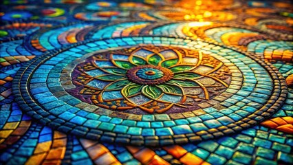 Aufkleber - A Close-Up View of a Colorful Mosaic Pattern Featuring a Detailed Flower Design, Showcasing the Intricate Workmanship of the Tile Artist