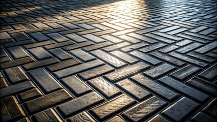Leinwandbilder - A close-up view of a herringbone brick pattern sidewalk, the bricks catching the sunlight, creating a play of light and shadow
