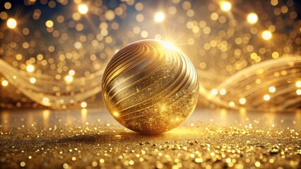 Poster - A golden sphere, shimmering with glitter, sits on a bed of shimmering sand, surrounded by a golden swirl and soft glowing lights.