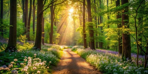 Aufkleber - Sunbeams illuminate a winding path through a lush forest, dappling the ground with golden light and casting long shadows on the vibrant wildflowers that line the way.