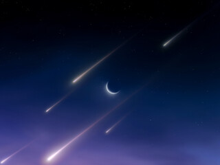 Wall Mural - falling stars in the sky near the moon. fireballs against the background of the new moon. meteors li