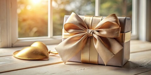 Poster - A golden gift box with a delicate bow rests on a wooden surface, bathed in soft sunlight streaming through a nearby window.