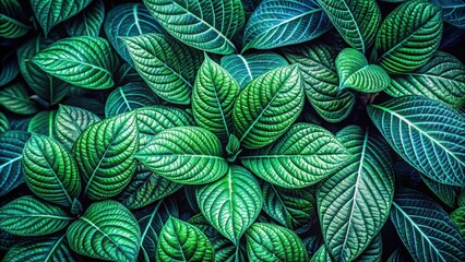Fototapete - A mesmerizing pattern of emerald green leaves with intricate vein patterns, showcasing nature's artistry in a close-up view.