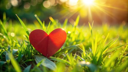 Aufkleber - A red paper heart nestled amidst blades of grass, bathed in warm sunlight, a symbol of love and hope in nature's embrace.