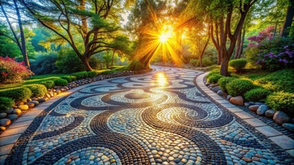 Aufkleber - A stone pathway winds through a tranquil garden bathed in the warm glow of the setting sun, with lush greenery and colorful flowers framing the scene.