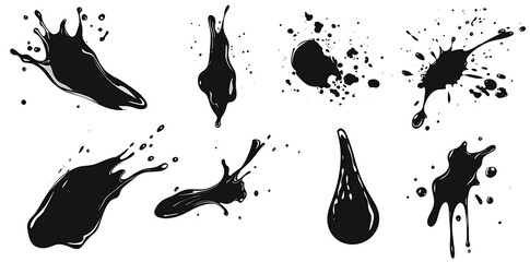 Wall Mural - Black vector water or paint splashes and drops set, isolated on a white background