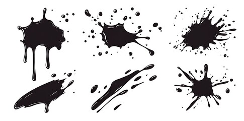 black vector water or paint splashes and drops set, isolated on a white background