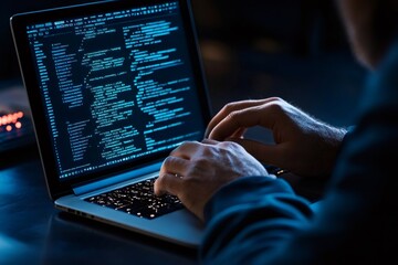 Wall Mural - programmer writing code on a laptop in a dark room
