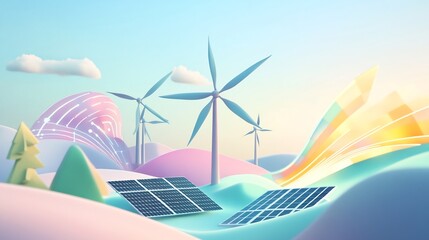Leinwandbilder - Artistic visualization of renewable energy adoption featuring stylized wind turbine solar grids abstract waveforms