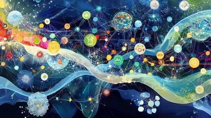 Fototapete - Artistic visualization of startup ecosystems featuring symbolic nodes interwoven layers representing innovation collaboration
