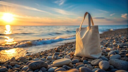 Aufkleber - A canvas bag rests on a pebbled beach at sunset, with the calm sea and the golden light of the setting sun in the background.
